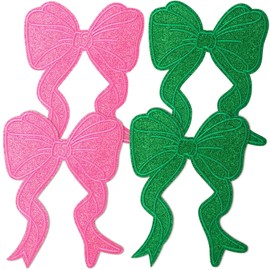 SmallCat 4psc Glitter Large Bow Patches for Jackets, Sweatshirt Side Bowknot Embroidered Patch, Iron on/Sew on Bow Applique for Hoodies Shirts Pants Backpacks- Pink & Green