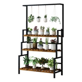 WANLECY 3 Tier Hanging Plant Stand, 68 Inch Tall Indoor Plant Shelves for Multiple Plants Display Wood Plants Shelf with Metal Frame for Garden Balcony Patio