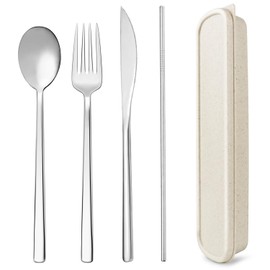 SUOXU Cutlery Set with Case,Stainless Steel Flatware Set 4-Piece Set:Knife Fork Spoon Straw,Dishwasher Safe (Beige Box-Silver)