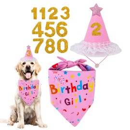 Dog Birthday Bandana, Dog Birthday Hat with Glitter Numbers Dogs Birthdays Girl Decorations Pink Puppy Pet Birthdays Outfit for Small Medium Large Dogs Pet