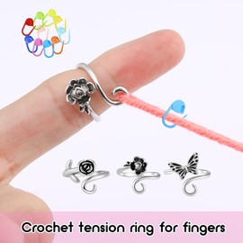 Juszok Adjustable Crochet Tension Ring for Fingers 3Pcs Flower Yarn Guide Knitting Tension Rings with 10Pcs Crochet Stitch Markers for Crocheting with Storage Box for Women
