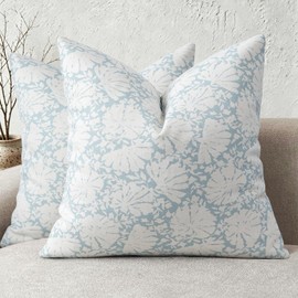 Neutral Floral Double Sided Block Print Pillow Covers 22x22 Set of 2, Vintage Throw Boho Decorative Cushion Covers Farmhouse Accent for Couch Sofa Bed Living Room Home Decor,Light Blue