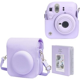 Funda protectora para cmara instantnea Fujifilm Instax Mini 12 Funda de piel premium con mini lbum de fotos y correa extrable y ajustable (morado lila)