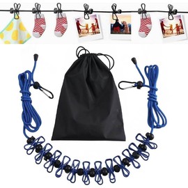 Retractable Portable Clothesline – Travel & Camping Laundry Drying Line with 12 Colorful Clips & Stainless‑Steel Hooks, Stretchable 10–12 ft Cord, Indoor/Outdoor (Blue)