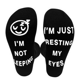 ZoomPlay Funny Socks Novelty Socks for Men Women, I'M NOT SLEEPING I'M JUST RESTING MY EYES Socks, Unisex Cotton Calf Socks with Grippers Non-Slip, Christmas Birthday Gifts, Without Gift Box