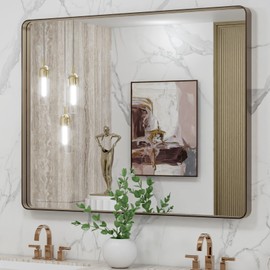 LOAAO 40”X32” Bronze Bathroom Mirrors for Vanity, Rounded Rectangle Brushed Bronze Metal Frame Mirror, Anti-Rust, Tempered Glass, Hangs Horizontally or Vertically
