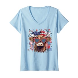 Womens 4th Of July Highland Cow Cute American Farm Boys Girls Kids V-Neck T-Shirt