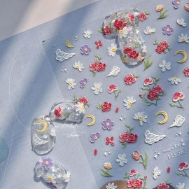 BYNYTO 5D Embossed Designs Flowers Nail Art Stickers Decals Self Adhesive Nail Decals Red Rose Floral Nail Stickers Manicure Sliders for Women DIY Nail Art Decorations (13.rose flowers)