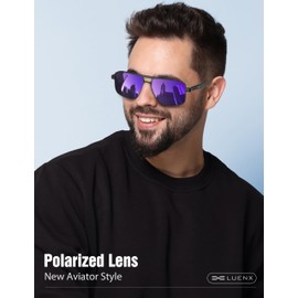 LUENX Aviator Sunglasses for Men Square Polarized Polygon Shades Driving UV 400 Protection 60mm-Purple Mirror Lens Black Frame