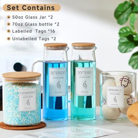 Glass Laundry Detergent Dispenser Set - 2x50oz & 2x70oz Borosilicate Containers with Bamboo Lids, Handle& Labels, Stores Powder,laundry pods,Fabric Softener, for Laundry Room organization and Decor