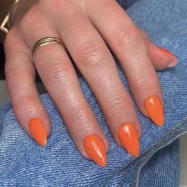 Orange Press on Nails Short Almond Shaped, SXVME 30 Pcs Thick Short Fake Nails Press ons Natural Acrylic False Nails Custom Solid Color Medium Natural Fit Glue on Nails For Women