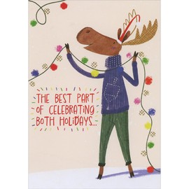 Designer Greetings Reindeer Wearing Dreidel Sweater and Holding Light String Funny 3D Pop Out Interfaith Christmas and Hanukkah Holiday Card