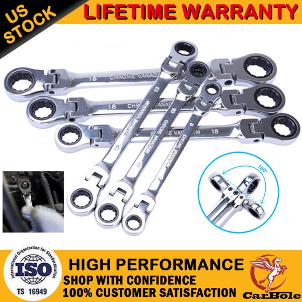 CarBole 6 Double Box End Ratcheting Wrench Flex-Head Extra Long