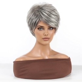 RSY Pelucas de Corte Pixie para Mujer, Mezcla de Cabello Humano, Fibra Saludable con Color Natural, Adecuadas para La Pérdida de Cabello Y para Un Cam