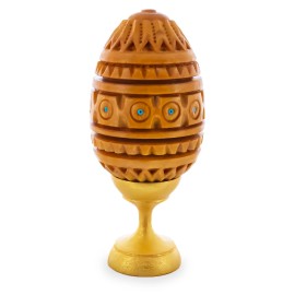 BESTPYSANKY Hand Carved Inlaid Ukrainian Wooden Easter Egg on a Stand
