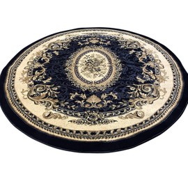 Traditional Round Oriental Aubusson Floral 330,000 Point Area Rug Dark Blue Burgundy Beige Design 602 (7 Feet 9 Inch X 7 Feet 9 Inch)