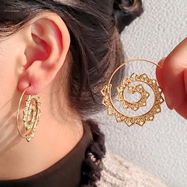 Zeshimb Boho Spiral Hoop Earrings Vintage Vortex Gear Earrings Gold Circles Tribal Earring Exaggerated Swirl Stud Indian Jewelry for Women