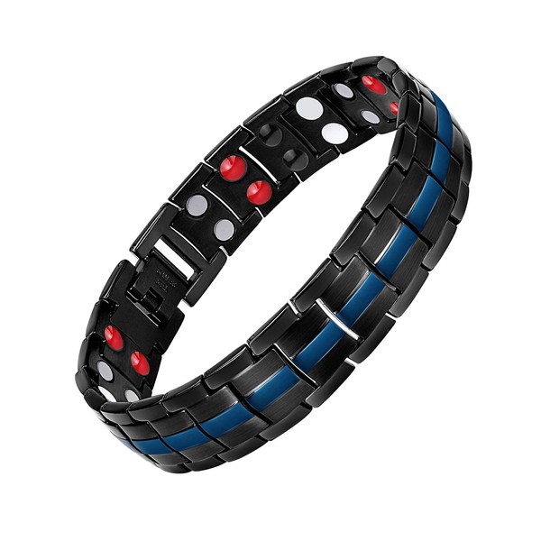 Feraco Mens Magnetic Bracelet Titanium Steel Magnetic Bracelet with Double Row 4 Elements Magnets (Black & Blue)
