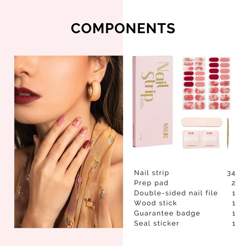 NAILOG Semi-cured Gel Nail Stickers (34 Pieces), Long Lasting, Salon