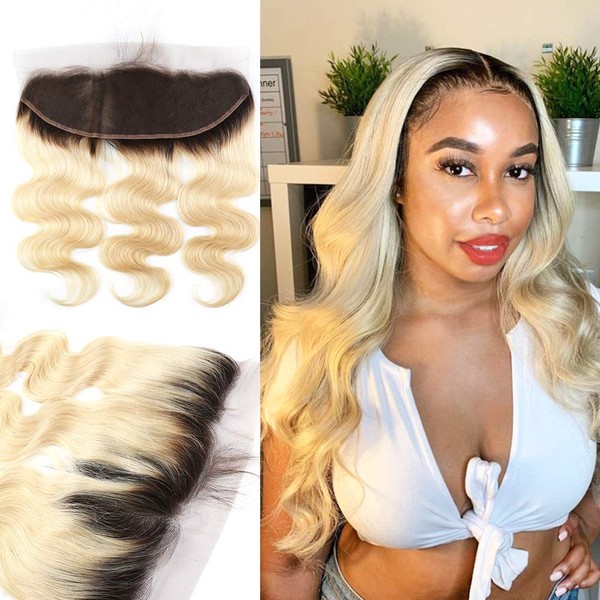Sent Hair 1B 613 Blonde Frontal with Dark Roots Ombre Blonde Frontal Body Wave Brazilian Human Hair Frontal with Baby Hair Pre Plucked 13x4 Lace Frontal 14 inch