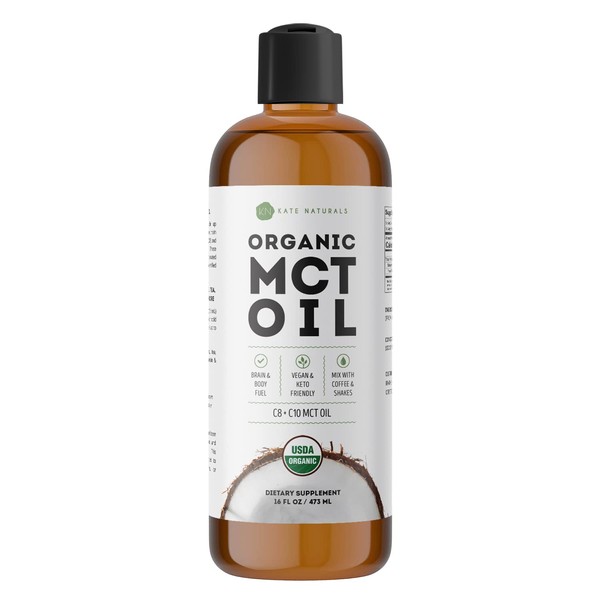Kate Naturals MCT Oil for Coffee & Keto (16 fl oz) USDA Certified Organic MCT Oil Liquid with only C8 & C10. Odorless Fuel for Body & Mind. No Aftertaste