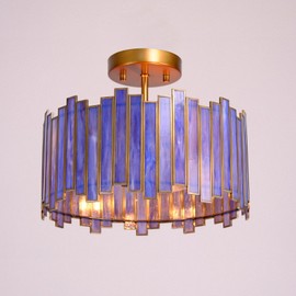 Wrlmfy Antique Brass Ceiling Light Fixture in Drum Shape, 12.5” Modern Semi Flush Mount Tiffany Lamp with Blue Purple Glass, 3 Light Round Ceiling Hanging Lighting for Foyer Hallway Bedroom Kitchen