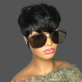 PangDongLai Short Layered Pixie Human Hair Wigs for Black Women Chic Elegent Pixie Cut Wigs for Women Human Hair Wigs With Bangs Natural Black Color for Daily Use Wear and go Wigs