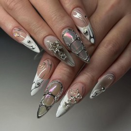 Star Press on Nails Medium Almond Fake Nails White French Tip False Nails with Design 3D Silver Pearl Glue on Nails Artificial Acrylic Nail Full Cover Gray Ombre Stick on Nails for Women Manicure