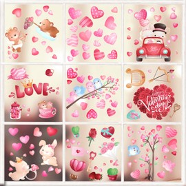 9 Sheets Valentines Day Window Clings, 7.8 x 11.8 Inch Waterproof Heart Window Vinyl Stickers Pink Love Window Decals Valentine Window Decorations for Party Supplies Decor