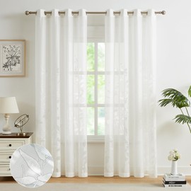 Treatmentex Transparent Lace Curtain, Jacquard Curtains with Eyelets, Leaf Pattern, Semi-Transparent Curtains, Vintage Decorative Curtain, Eyelet Curtains for Bedroom, Living Room, White, 2 Pieces,