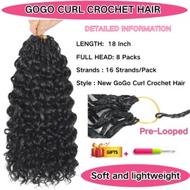 Gogo Curl Crochet Hair 18 Inch 8 Packs Pretwisted Curly Crochet Hair Pre looped Ocean Wave Crochet Hair Water Wave Deep Twist Crochet Synthetic Braiding Hair for Women Girl Kids (Black)