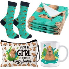 Skicuff 4 Pcs Funny Capybara Gifts Set Flannel Throw Capybara Blanket Soft Capybara Sock Novelty Capybara Makeup Bag Ceramic Capybara Mug for Women Capybara Lovers for Friendship Birthday Party Gift