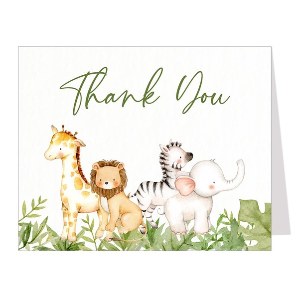 The Invite Lady Jungle Animals Baby Shower Thank You Cards Safari Thank You Notes Watercolor Born to Be Wild Tropical Palm Giraffe Lion Wild One Elephant Zebra Printed Folded Cards (24 Count)
