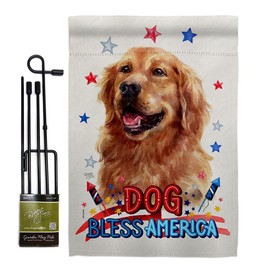 Breeze Decor Patriotic Dark Golden Retriever Garden Flag Set with Stand Animals Dog Puppy Spoiled Paw Canine Fur Pet Nature Farm Animal Creature Small Gift Yard House Banner Made in USA 13 X 18.5