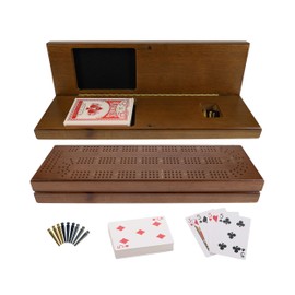 WE Games - Juego de cribbage de madera maciza, color nogal, tabla de 3 pistas con pinzas de fácil agarre, tarjetas y área de almacenamiento           