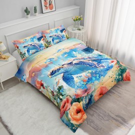 Smell Sunshine Sea Turtle Comforter Set Ocean Cartoon Animal Printed Bedding Set with 1 Comforter and 2 Pillowcases for Boys and Girls Bedroom All Season(Turtle Full)