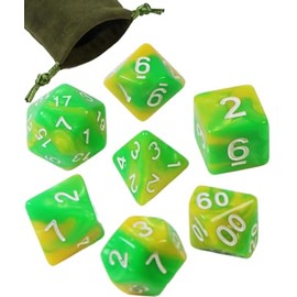 D&D Polyhedral Dice Set with Drawstring Bag - 7-Piece RPG Dice for Tabletop Games, D&D MTG Role-Playing Accessories (Yellow & Green)