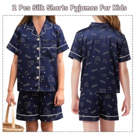 WUDEUI Kids Silk Pyjamas Girls Boys, Satin Shorts Sleeve Pjs Nightwear Set, Button-Down Silky Children Sleepwear for Age 4-12 Dark Blue
