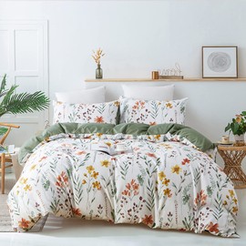 Nayoroom White Floral Duvet Cover Queen Size Green Botanical Leaf Yellow Flowers Printed Reversible Striped Bedding Set 3 Pieces Soft Microfiber Garden Style Comforter Cover with Zipper Ties