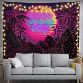 feelacle Good Vibes Only Tapestry Hippie Retro Neon Stly Tapestry 80" X 60" Tropical Palm Mountain Wall Hanging Party Decorations Home Decor For Bedroom Living Room Dorm (200 X 150cm)