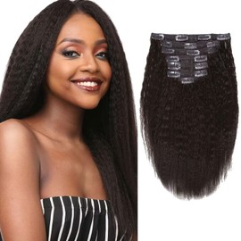 Loxxy Clip in Hair Extensions Real Human Hair Kinky Coarse Thick Straight Remi Hair Full Head Clip Ins For Afro Black Women Natural Black Color Double Weft 7 Pieces 120Gram 12Inch