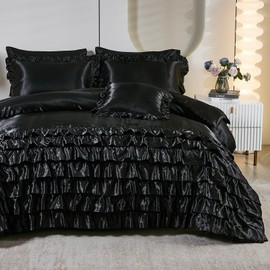 MOVE OVER 6 Pieces Black Comforter Set Twin Size Satin Bed in a Bag Luxury and Elegent Black Ruffle Bedroom Comforter Set for Summer Silk Like Waterfall Ruffled Design Boho Bedding Set
