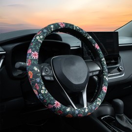 Wild Flowers Steering Wheel Cover Auto Steering Wheel Protector, Anti-Slip, Breathable, Absorbing Sweat, Universal Floral Car Accessories 14.5–15 inch,Fit for Most Car, Trucks, SUV