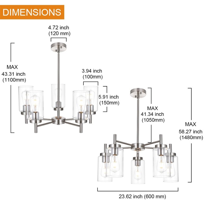 VINLUZ Contemporary 5 Light Large Chandeliers Modern Clear Glass Shades