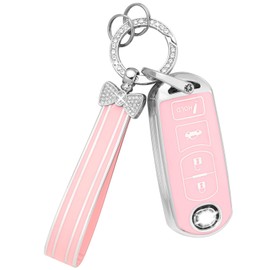 PIFOOG Key Fob Cover for Mazda 3 6 CX5 MX-5 Miata CX9 CX3 Accessories Pink 4 Button Car Keys Case Shell Protector Bling Keychain Ring Full Protection Girly Women Cute TPU