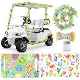 LUUFILx 3 Pcs Easter Golf Cart Decorations Spring Golf Cart Seat Covers Colorful Easter Tinsel Garland with LED Lights Spring Golf Cart Accessories for Easter Party Supplies Decor