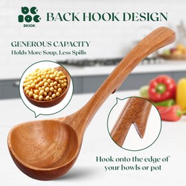 Bkiok Wooden Spoons for Cooking, Wooden Ladle for Soup, Large Size Teak Wood Kitchen Serving Spoon with Back Hooks Kitchen Utensils for Cooking Stirring Serving (11.2x3.2Inches)