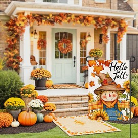 Hello Fall Scarecrow Garden Flags for Outside 12x18 Double Sided Burlap, Autumn Thanksgiving Sign Small Flag Farmhouse Holiday Yard Lawn Outdoor Decorations DF798