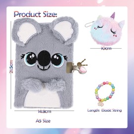 Koala Plush Diary with Lock for Girls, Cowra Fuzzy Journal with Lock and Key Kids Secret Diary Set Cute Notebook for Writing Drawing, Koala Gift for Girls