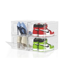 4Pack Thick & Hard Sturdy Shoe Storage Boxes – Large Display Case,Clear Stackable, Easy Access, Durable Plastic Organizer for Closet and Entryway,Fit US Men's/Women's Size 12